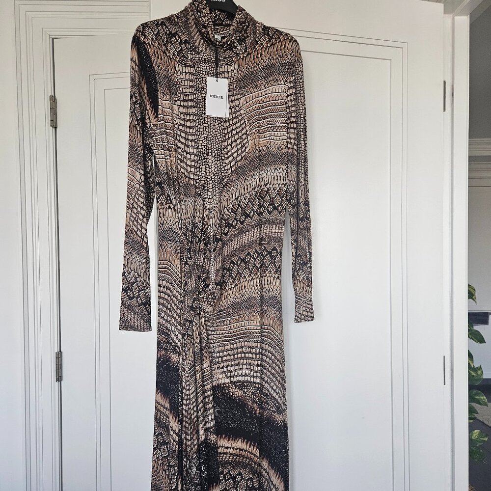 NWT Reiss Brown Naomi Snake-Print Draped Midi Dress